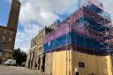 The Guildhall in Norwich has been masked by scaffolding