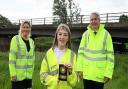 Baroness Vere (left) and Stephen Barclay MP (right) with Ava McCulloch, 13, who suggested renaming the Nene Bridge after the Tiddy Mun