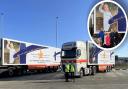 Turners of Soham has donated advertising space to the charity Tom's Trust. 11-year-old Mimi, who was diagnosed with a brain tumour at three-years-old is pictured on one of the lorries. She visited it with her family in Cambridge (inset).