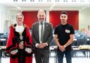 The Mayor of Wisbech, Peter Human (L) and boxer Jordan Gill (R) joined Principal Richard Scott at the Thomas Clarkson Academy end-of-term awards night.