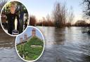 Flooding on the A1101 Welney Wash Road and, inset, Gina Birch, landlady of The Lamb & Flag Inn, in Welney, Cambridgeshire.