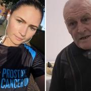 Lucy Moore (left) is aiming to cover 50 miles throughout October for Prostate Cancer UK with the support of grandfather, former Wisbech Town and King's Lynn Town footballer Malcolm Lindsay (right).