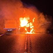 Amazon van catches fire after crash involving bus carrying school children