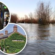 Flooding on the A1101 Welney Wash Road and, inset, Gina Birch, landlady of The Lamb & Flag Inn, in Welney, Cambridgeshire.