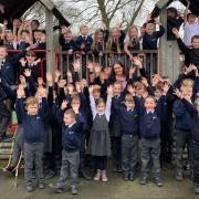 Pupils at Emneth Academy with headteacher Elaine Huntington