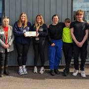 Lewis Griffiths of Thrive, Mayoress of Wisbech Mrs Janet Tanfield, Natasha Moore and Gemma Adams of On Track Wisbech, pupils Theo Hayworth, Toni Lee Croft and Dylan Rowberry, and Mayor of Wisbech, Cllr Peter Human.