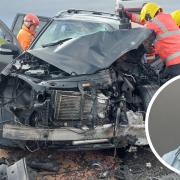 Anthony Campbell (inset) was behind the wheel of a Scania heavy goods lorry when he crashed into an oncoming black Mercedes GL320 towing a trailer on the A47 at Guyhirn on January 3.