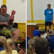 A Steel Bones member delivering the assembly (left) and Wendy with her rechargeable leg (right)