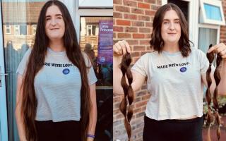 Activities coordinator Emily Jackson before and after she had 22 inches of hair chopped off for charity