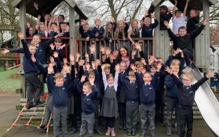 Pupils at Emneth Academy with headteacher Elaine Huntington