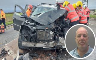 Anthony Campbell (inset) was behind the wheel of a Scania heavy goods lorry when he crashed into an oncoming black Mercedes GL320 towing a trailer on the A47 at Guyhirn on January 3.