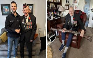 Jay Hawkins with World War II veteran Jim Glennie, who is 99-years-old. Picturedright is World War II veteran Ed Davison, aged 100, with the rifle